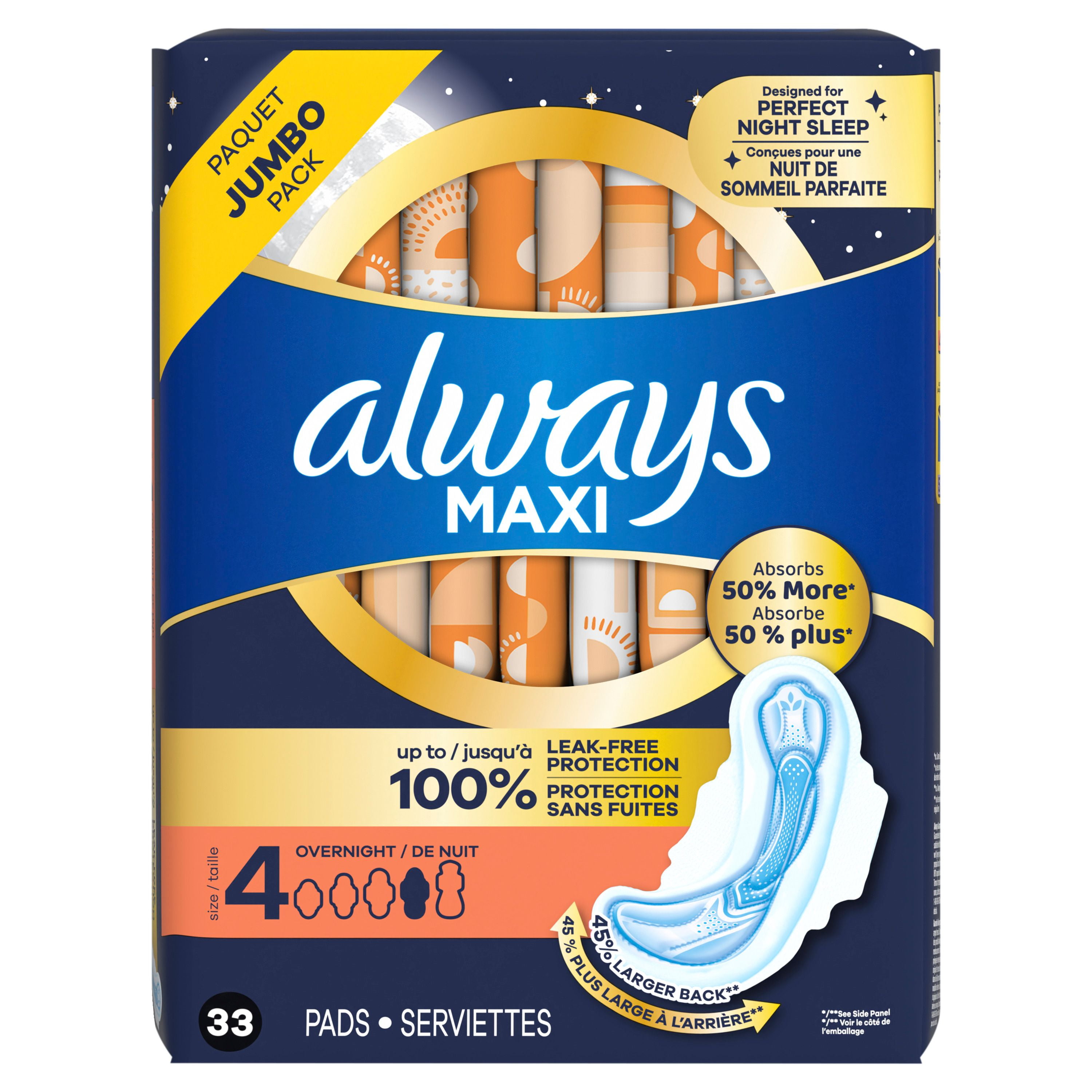 Always Maxi Overnight Pads with Wings for Women, Size 4, Overnight Absorbency, Unscented