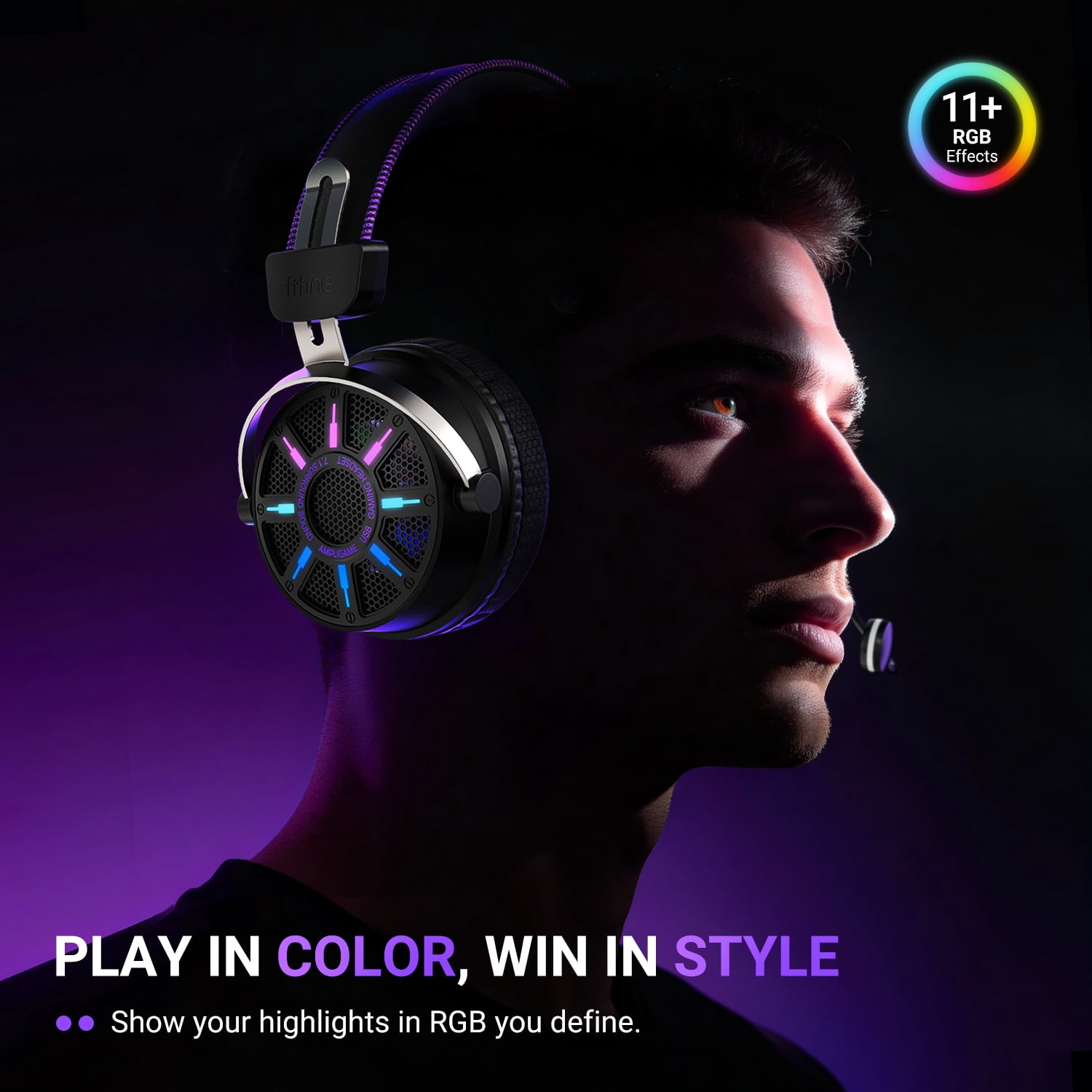 FIFINE Open-Back Gaming Headset for PC Computer, PS5/PS4, Wired Headphones with Noise-Cancelling Microphone, 7.1 Surround Sound, EQ Modes, RGB Lighting