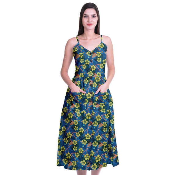 Moomaya Printed Cotton Casual Spaghetti Strap Dress Flared Maxi Summer Dresses For Women
