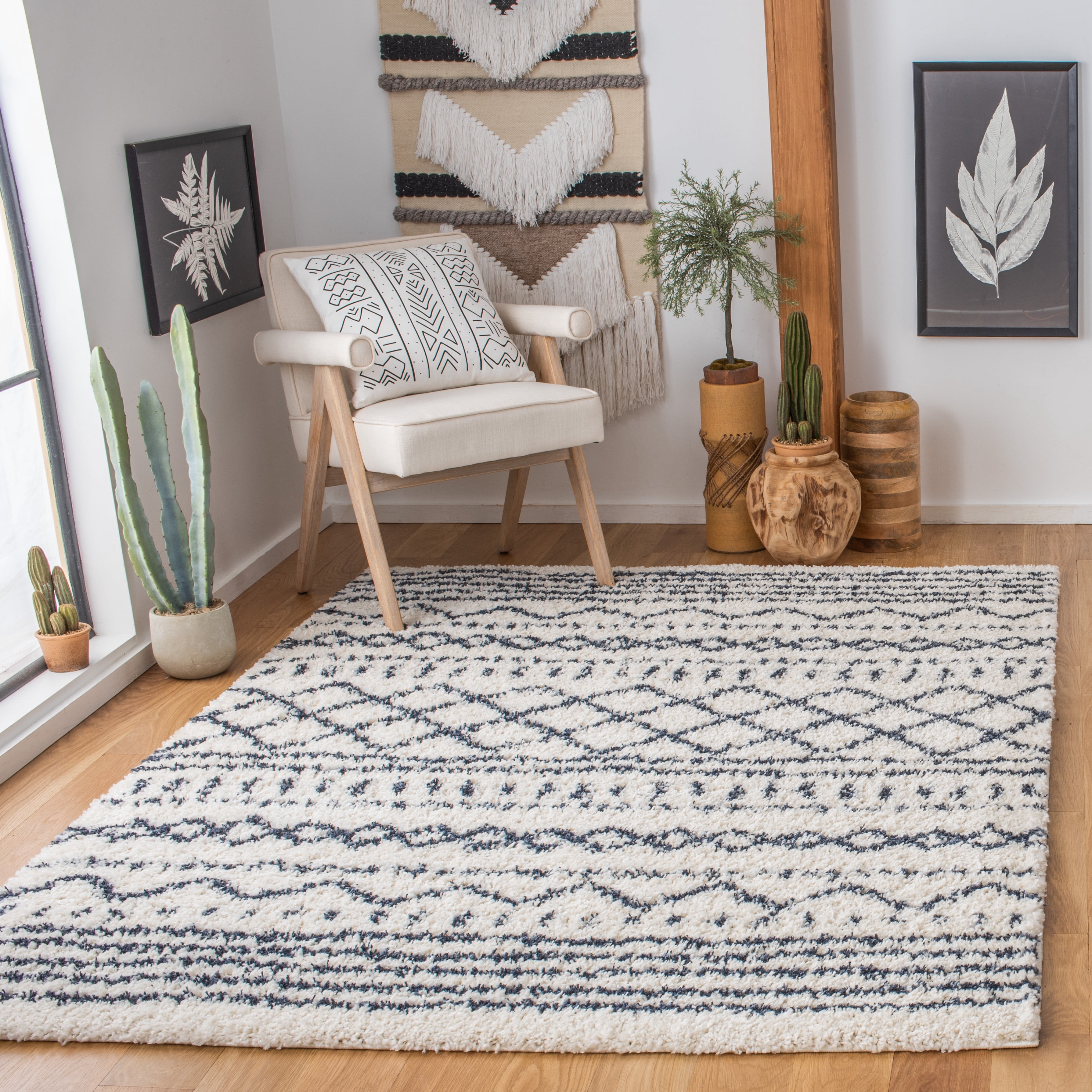 Safavieh Arizona Teagan Geometric Shag Area Rug, Ivory/Slate, 6' x 8'