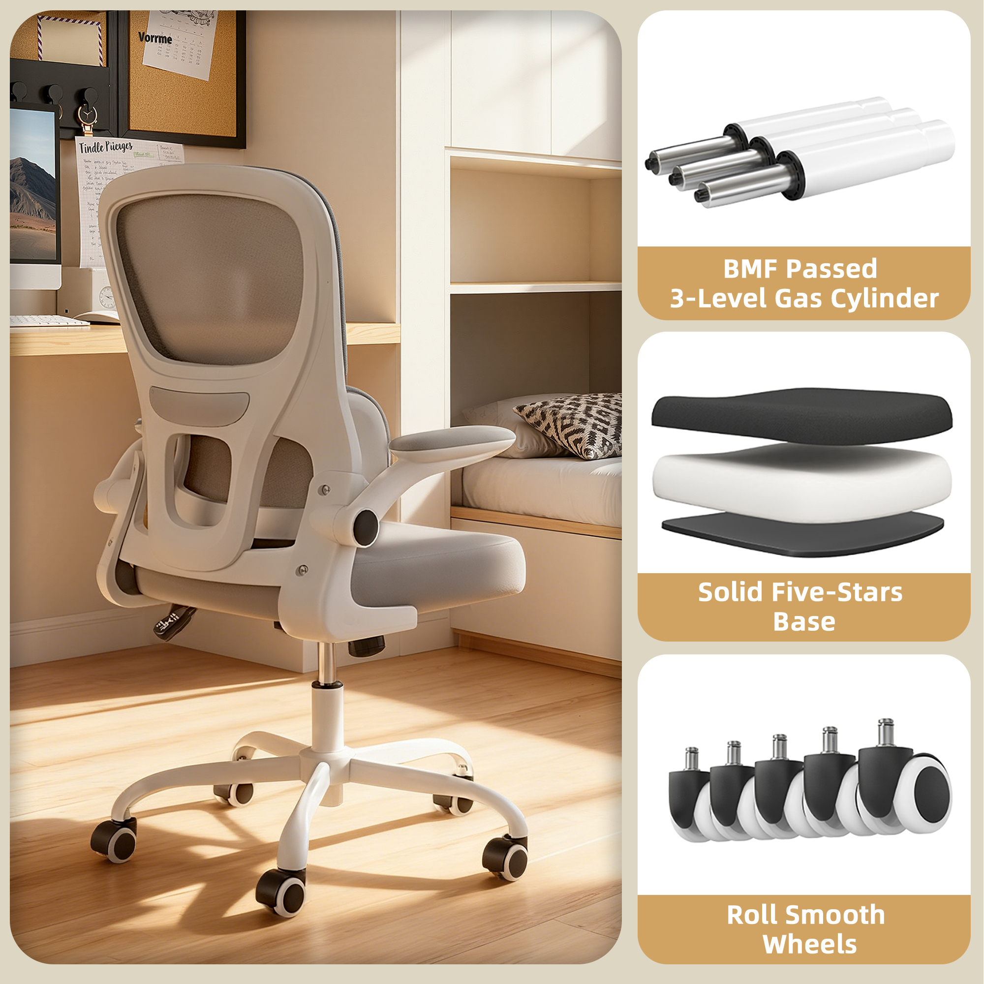MAYEERTY Gray Desk Chair with Mesh Back, Ergonomic, Lumbar Support & Flip-Up Armrests for Work & Study