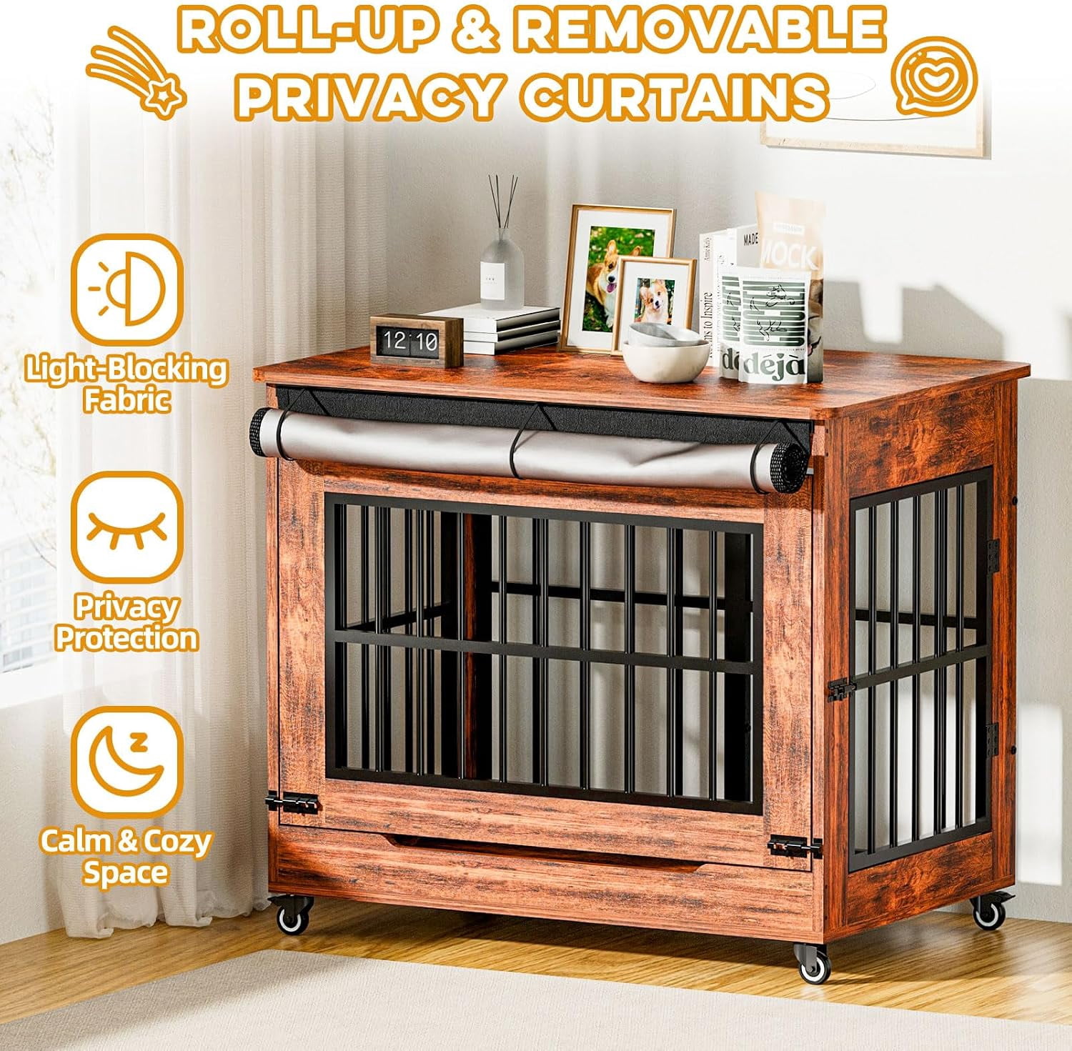 38" Wooden Dog Crate Furniture with Double Door, Lockable Wheels & Blackout Curtain – Decorative End Table Kennel for Large & Medium Breed Dogs, Vintage Brown