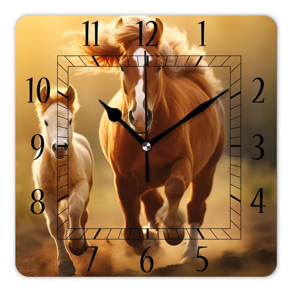 12 Inch Wall Clock Battery Operated Square Clock Decorative for Office, Kitchen, Outdoor, Living Room，Mare Teaching Her Cute New Foal Pattern