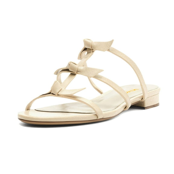 XYD Women Round Open Toe Strappy Flat Sandal Multi Bowknot T-Bar Slip On Low Heel Summer Daily Shoes Size 7 Beige