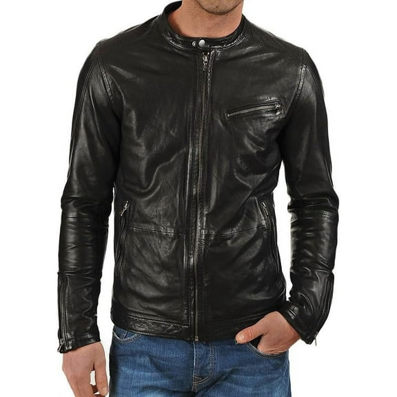Men Leather Jacket Slim Fit Biker Motorcycle Genuine Lambskin Jacket A120