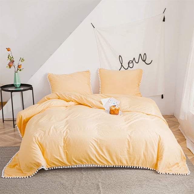 Pom Pom Duvet Cover Set King Size,Solid Color Farmhouse Bedding Set with White Fringe Ball ,Ultra Soft & Breathable Washed Microfiber Comforter Cover - 3 Pieces
