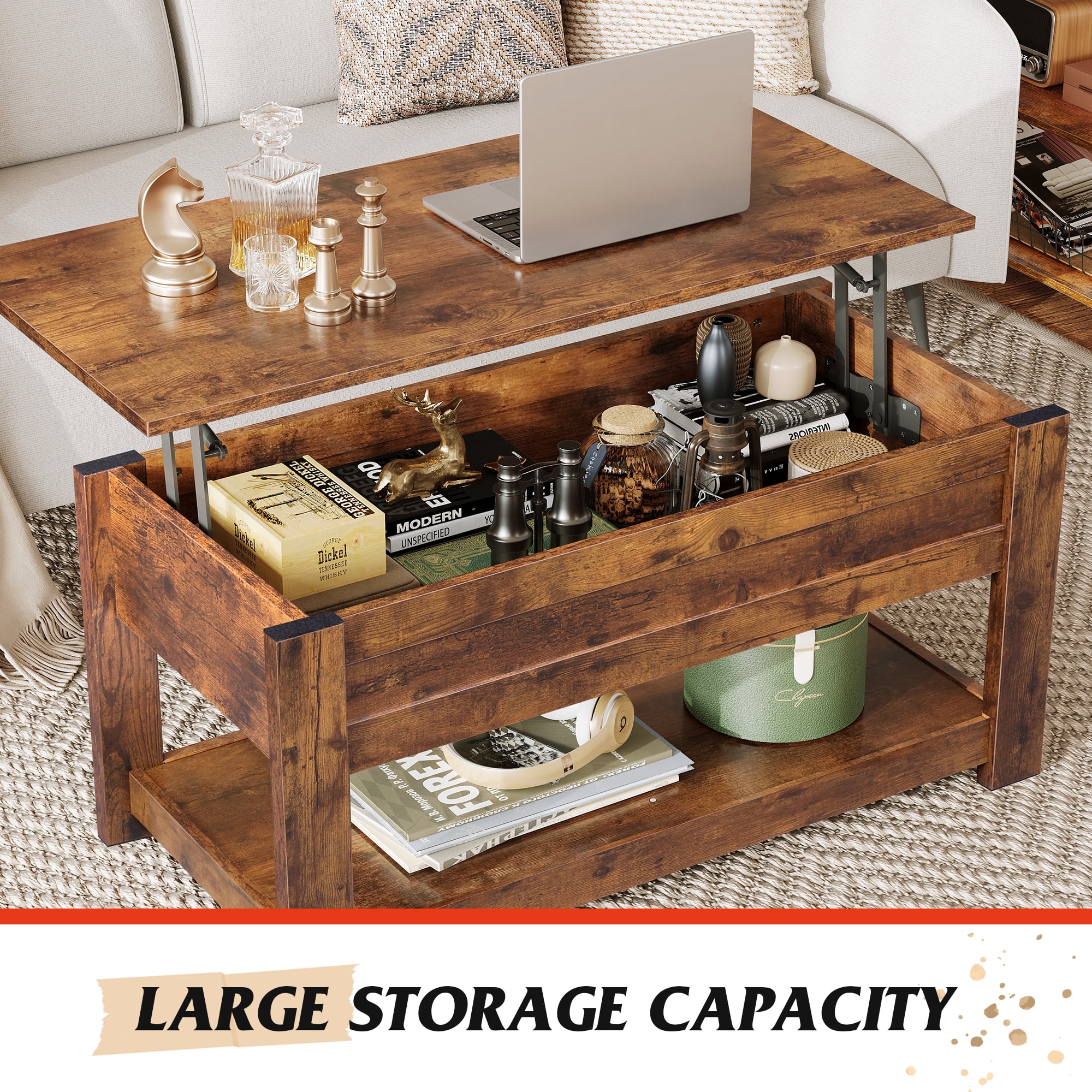 GALAXHERO 39" Lift Top Coffee Table with Hidden Storage and Storage Shelf Lift Up Coffee Table for Living Room Rustic Brown