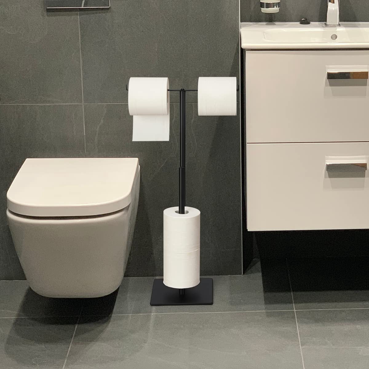 Set of 2 Freestanding T-Shaped Double Bar Toilet Paper Holder with Reserve Holder, Black