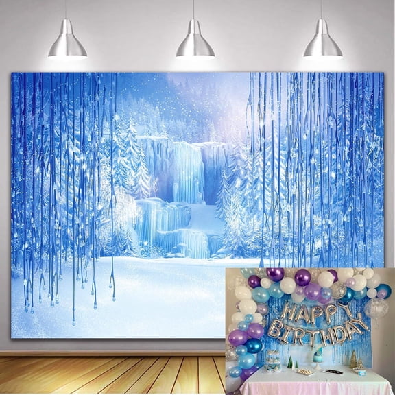 7×5FT Photo Backdrop Winter Snow Backdrop Blue Ice Crystal Background for Photography Winter Theme Happy Birthday Banner Birthday Party Supplies