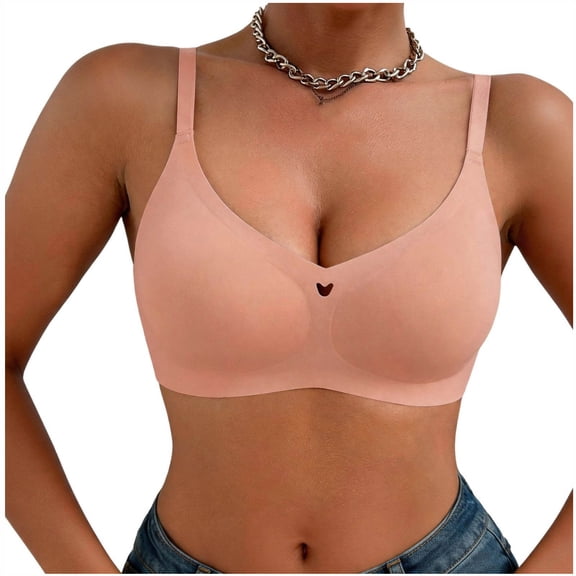 Zpanxa Bras for Women No Underwire Solid Seamless Wireless Bra V-Neck Adjustable Thin Straps Scalloped Hem Center Heart Detail Pullover Style