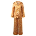 thumbnail image 5 of Wang6 Women's Satin Silk Pajamas Sets Soft 2 Piece Long Sleeve Pjs Sets V Neck Button Shirts Wide Leg Pants Ladies Loose Fit Floral Printed Sleepwear Lounge Sets Orange M, 5 of 7