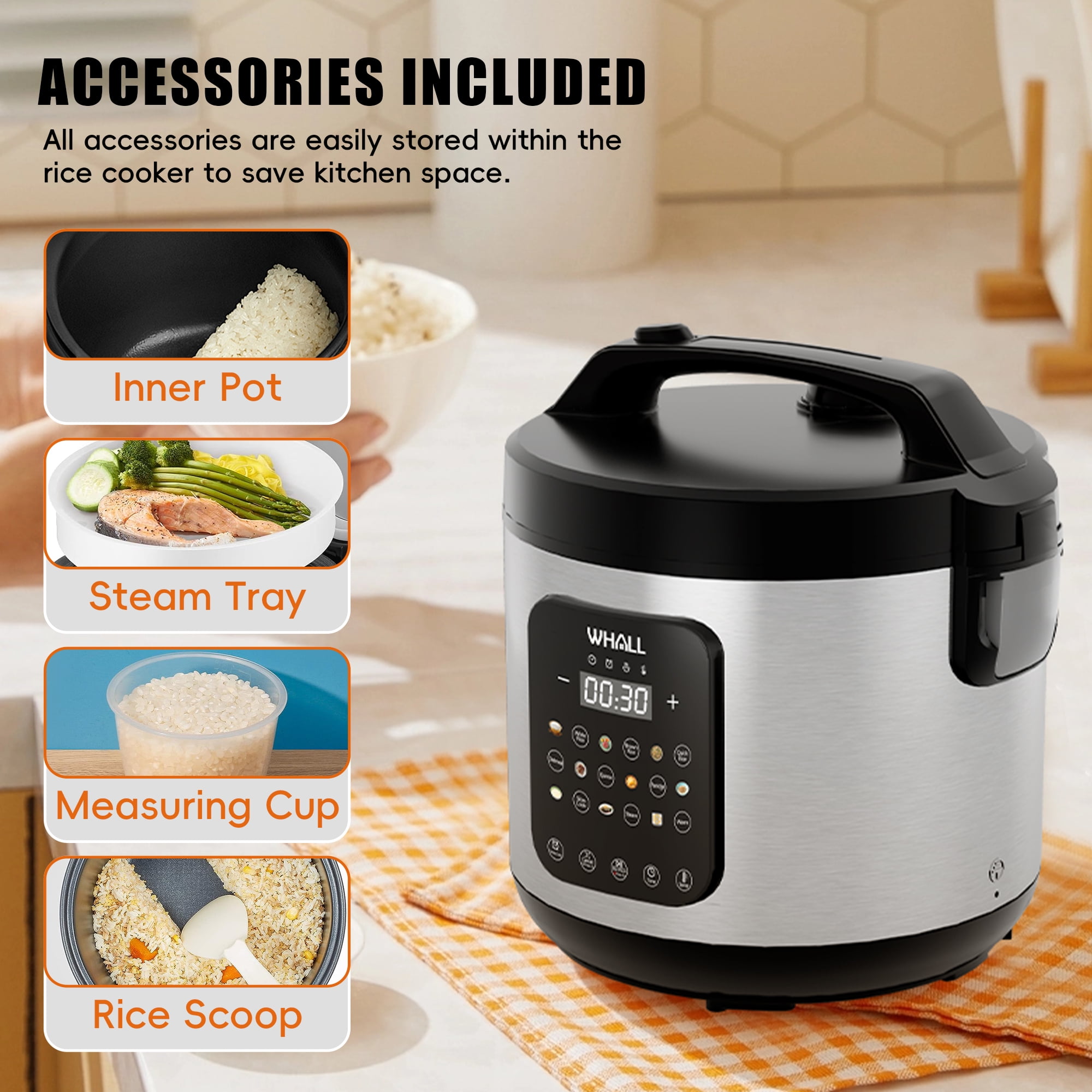WHALLSE Digital Rice Cooker – 10-Cup Uncooked / 20-Cup Cooked Capacity, Multi-Function Steamer, Slow Cooker, Oatmeal Setting, Auto Keep Warm Feature, 5 Qt, Stainless Steel New