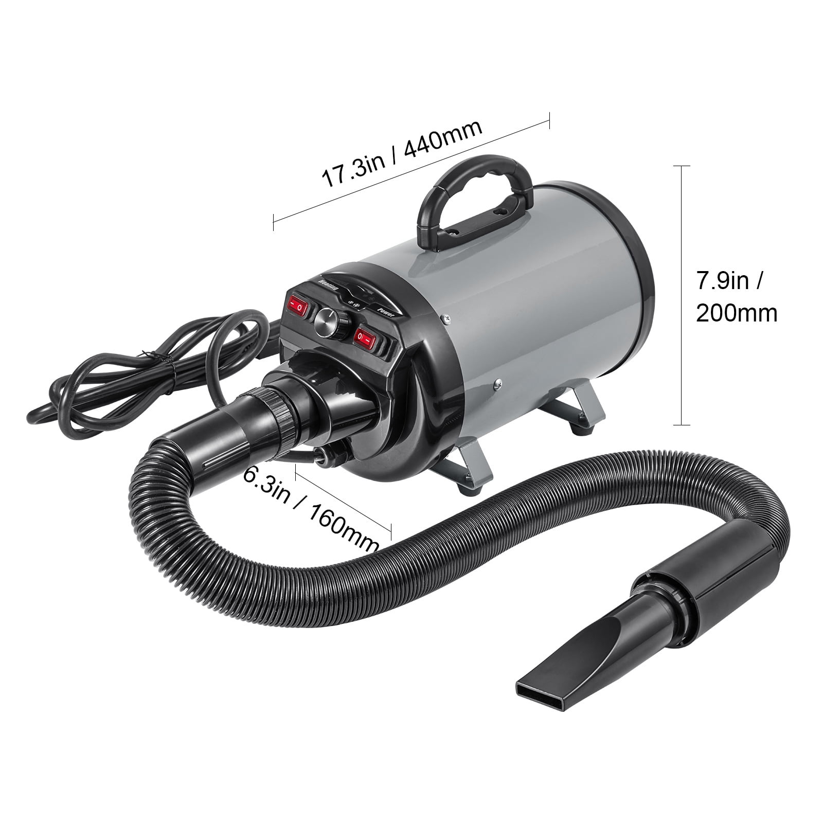 BENTISM Dog Dryer, 2000W Pet Hair Force Dryer Grooming Blower with Adjustable Speed and Temperature Control with 4 Different Nozzles Extendable Hose, Grey