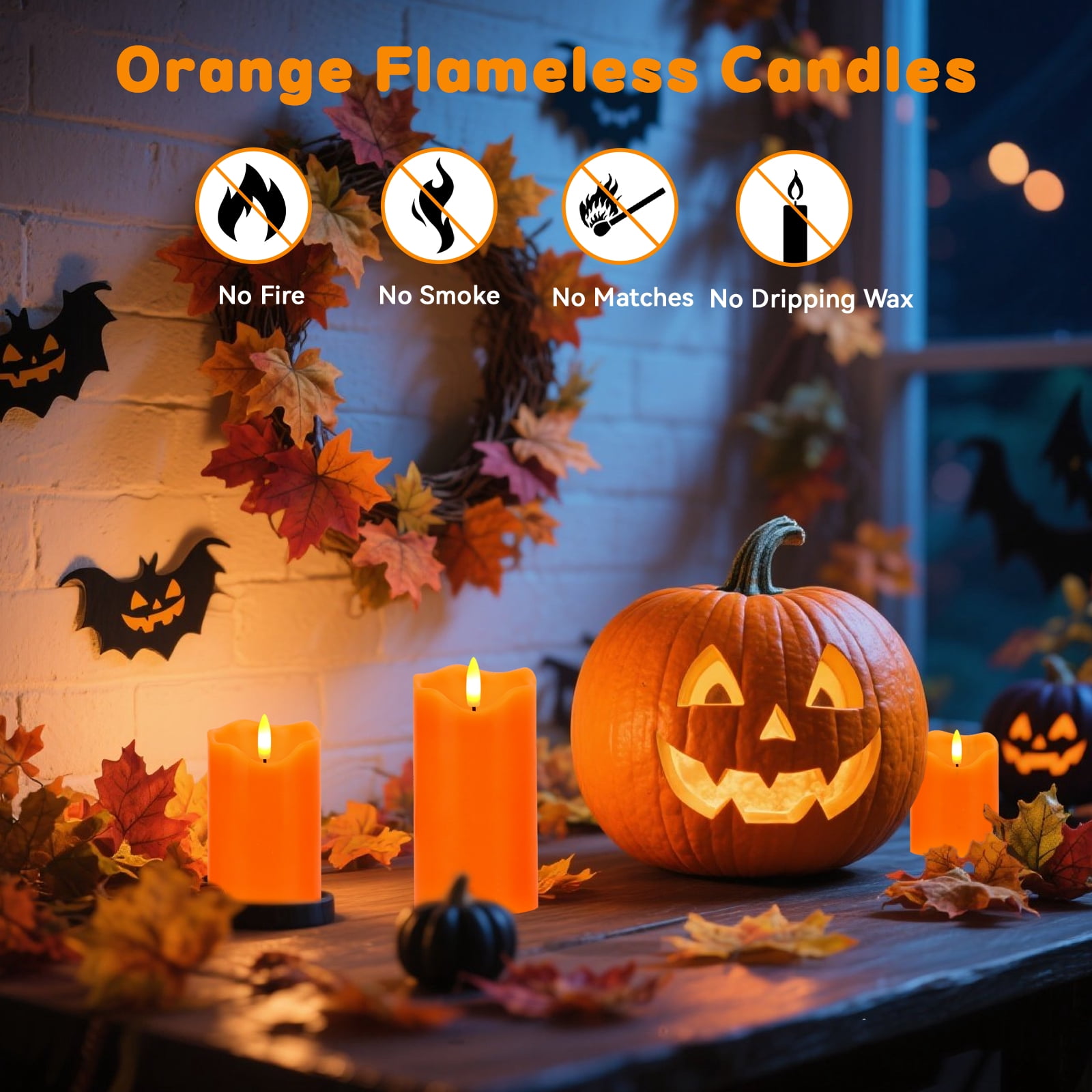 Flameless Candles Lights, Set of 3 Orange Flickering LED Candles with Remote & Timer, Dimmable LED Pillar Candles Battery Operated, Electric Candles for Fall Halloween Thanksgiving Decor