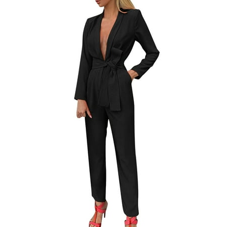 

Wiueurtly 2022 Women s Fashion Solid Color Lacing Deep V Casual Jumpsuit Jumpsuit Pajamas for Women Rompers Big Women