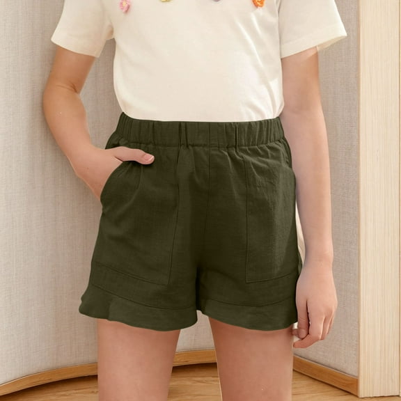 Chirldren's Shorts Summer Sweat Shorts Elastic Waisted Wide Leg Baggy Running Lounge Shorts 3-13Y Summer Solid Color And Linen Side Split Button Shorts Army Green 110