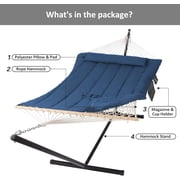 SUNCREAT Double Hammock with Stand, Two Person Cotton Rope Hammock-- 147.6(L)*52(W)*47.6(H) , Navy