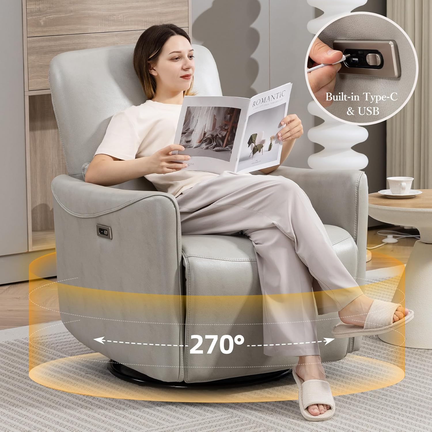 Power Swivel Recliner Chair, Faux Leather Glider Electric Rocking Chair for Adults. Nursery Rocker Single Sofa Chair with Lumbar Support for Living Room. Dual-Port Charging: Type-C&USB, Grey