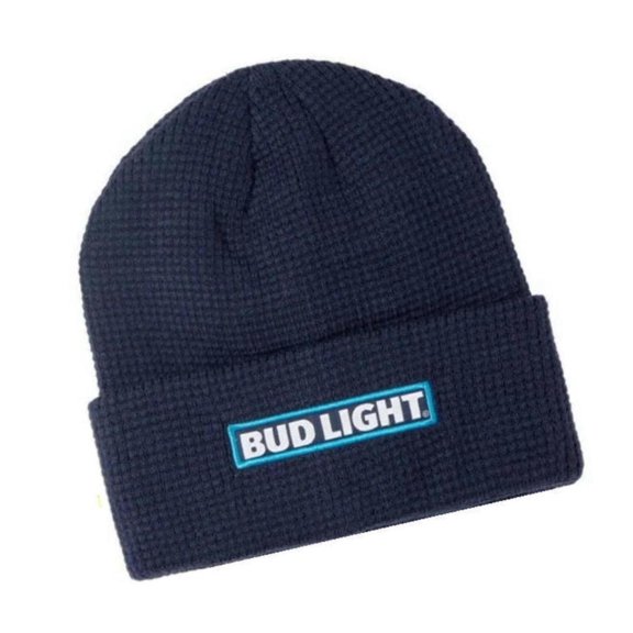 Bud Light Cuffed Waffle Knit Black Beanie Cap Hat Embroidered Logo Toboggan