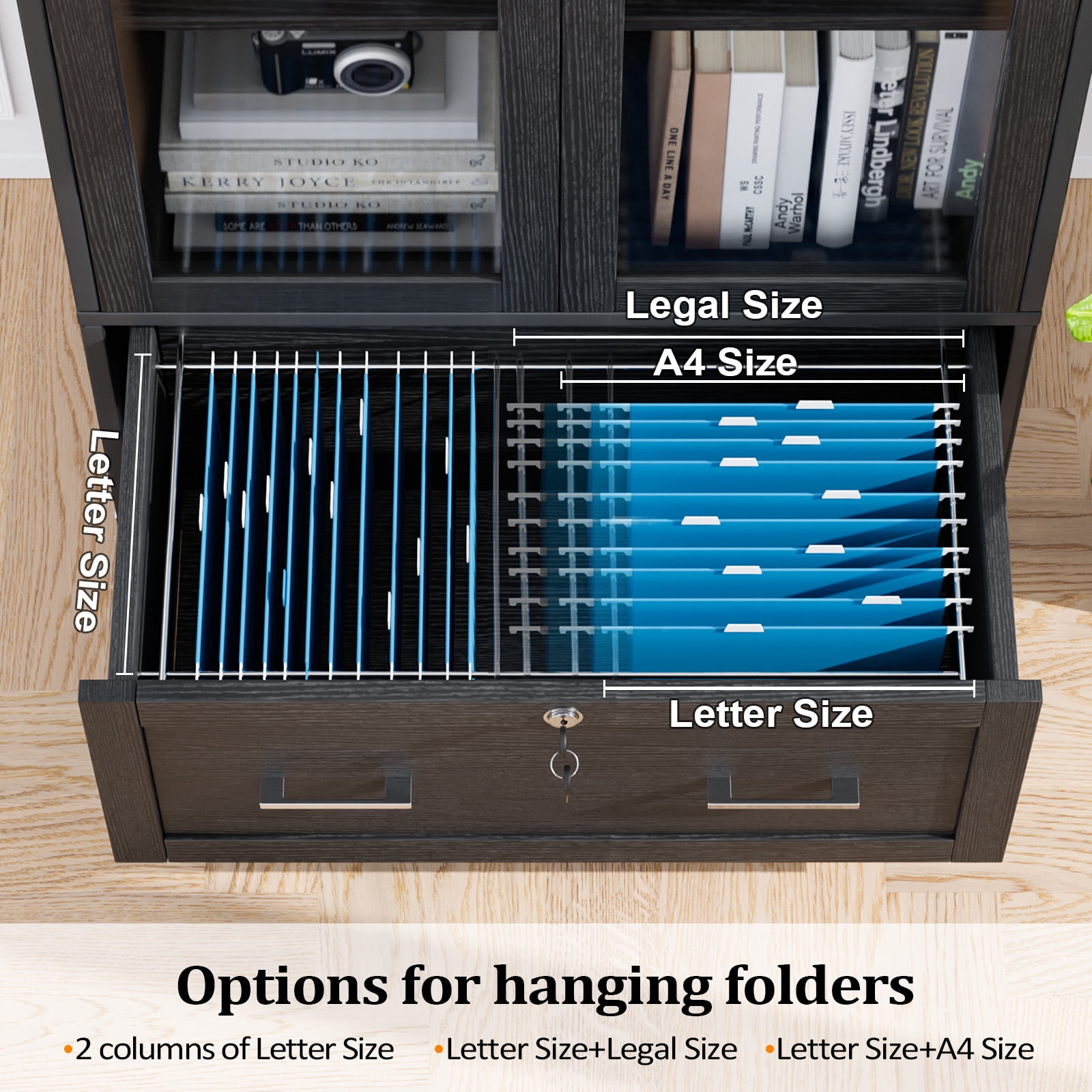 Ktaxon Lockable 4 Tier File Cabinet Bookcase with Letter+Legal Size Drawer&Adjustable Shelves, Wood Bookshelf Storage with Glass Door, Black