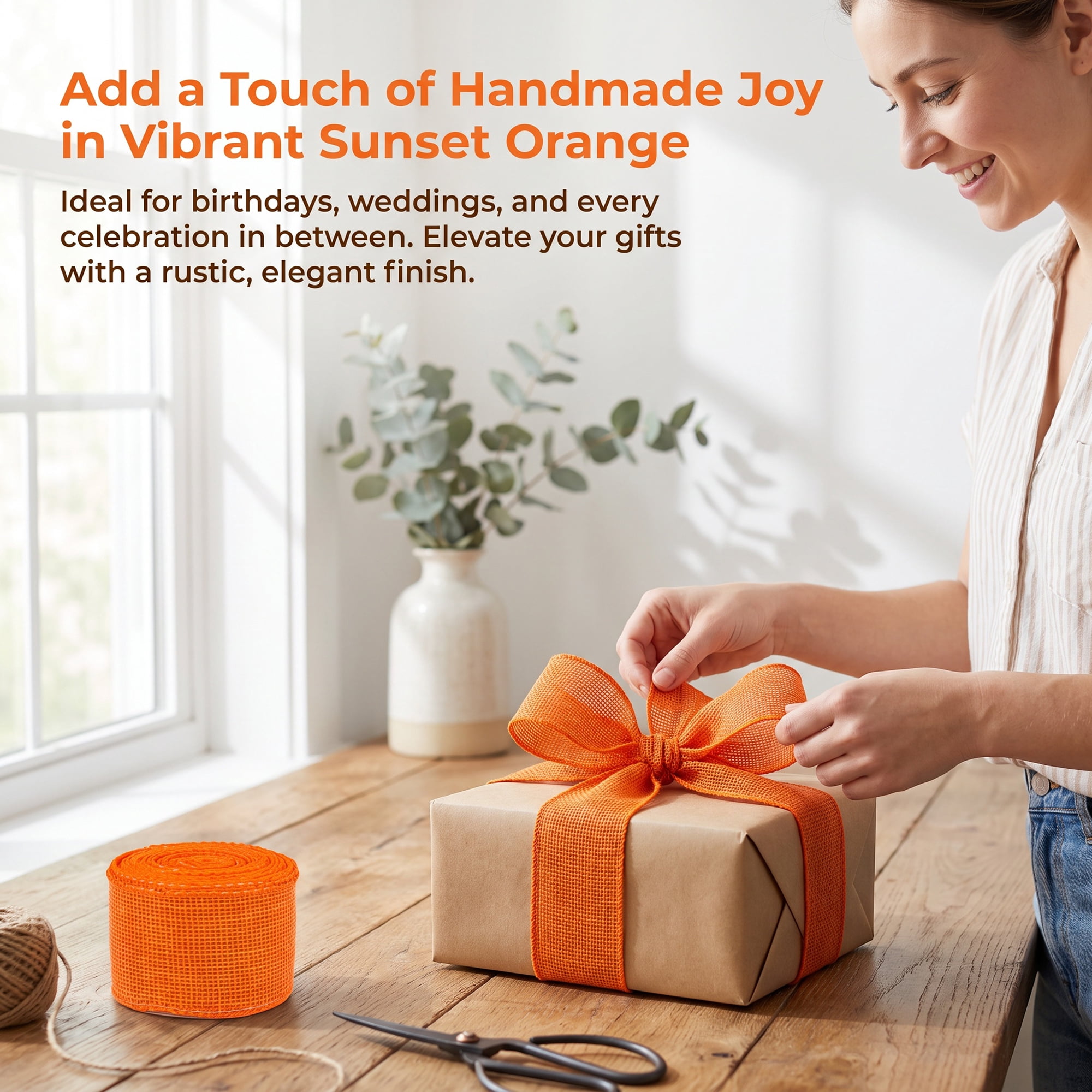 Unique Bargains Faux Burlap Ribbon for Elegant Gift Decoration Orange 4.9 Yard