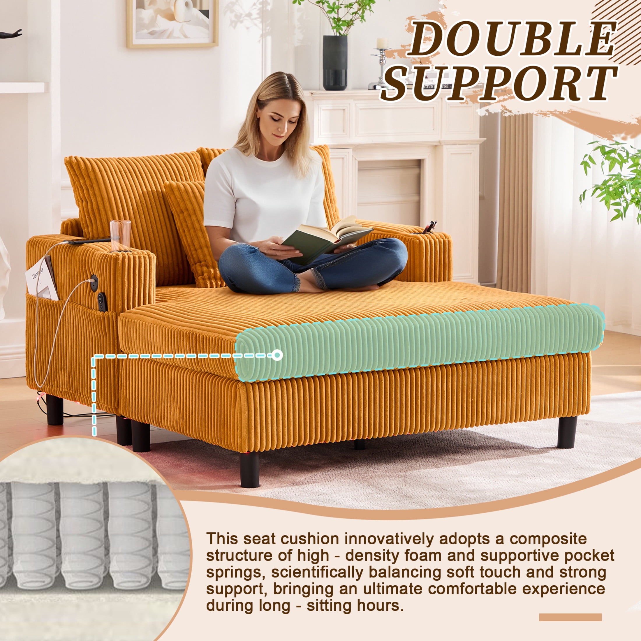 Noble House Oversized Corduroy Recliner Sofa, Deep Seat Chaise Lounge with Pillows for Living Room/Bedroom, Mustard Yellow