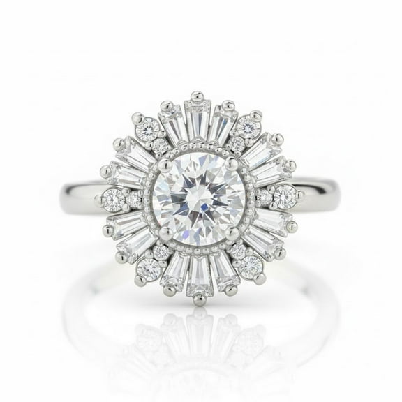 Jewelerix Brilliant Round Cut Engagement Ring 10K Yellow Gold Vermeil Halo Baguette Wedding Accent Moissanite Elegant Bridal Jewelry