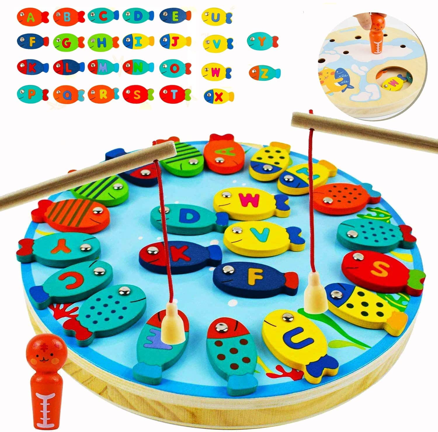 Powiller 18 PCS Wooden Fishing Game, Magnetic Letter Fishing Toys