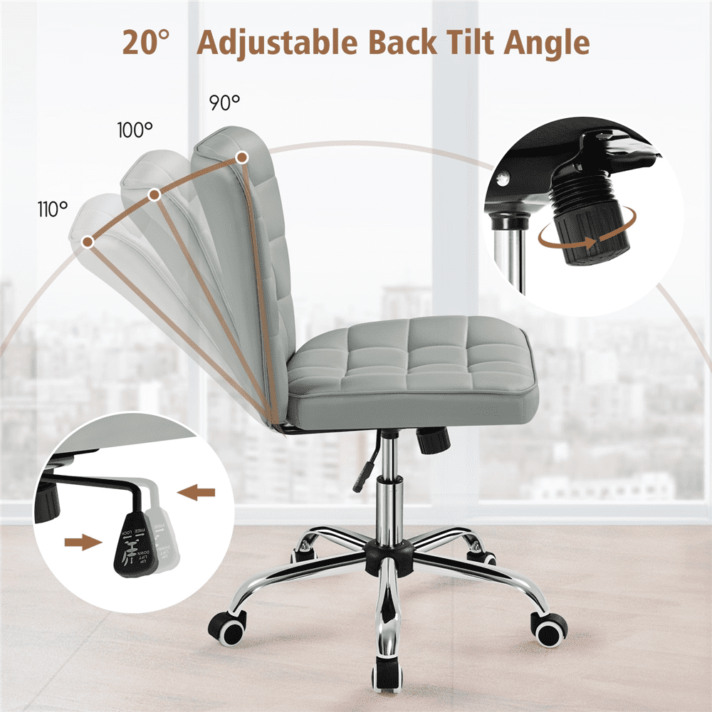 Alden Design Modern Tufted Armless Desk Chair with Rolling Wheels, Light Gray