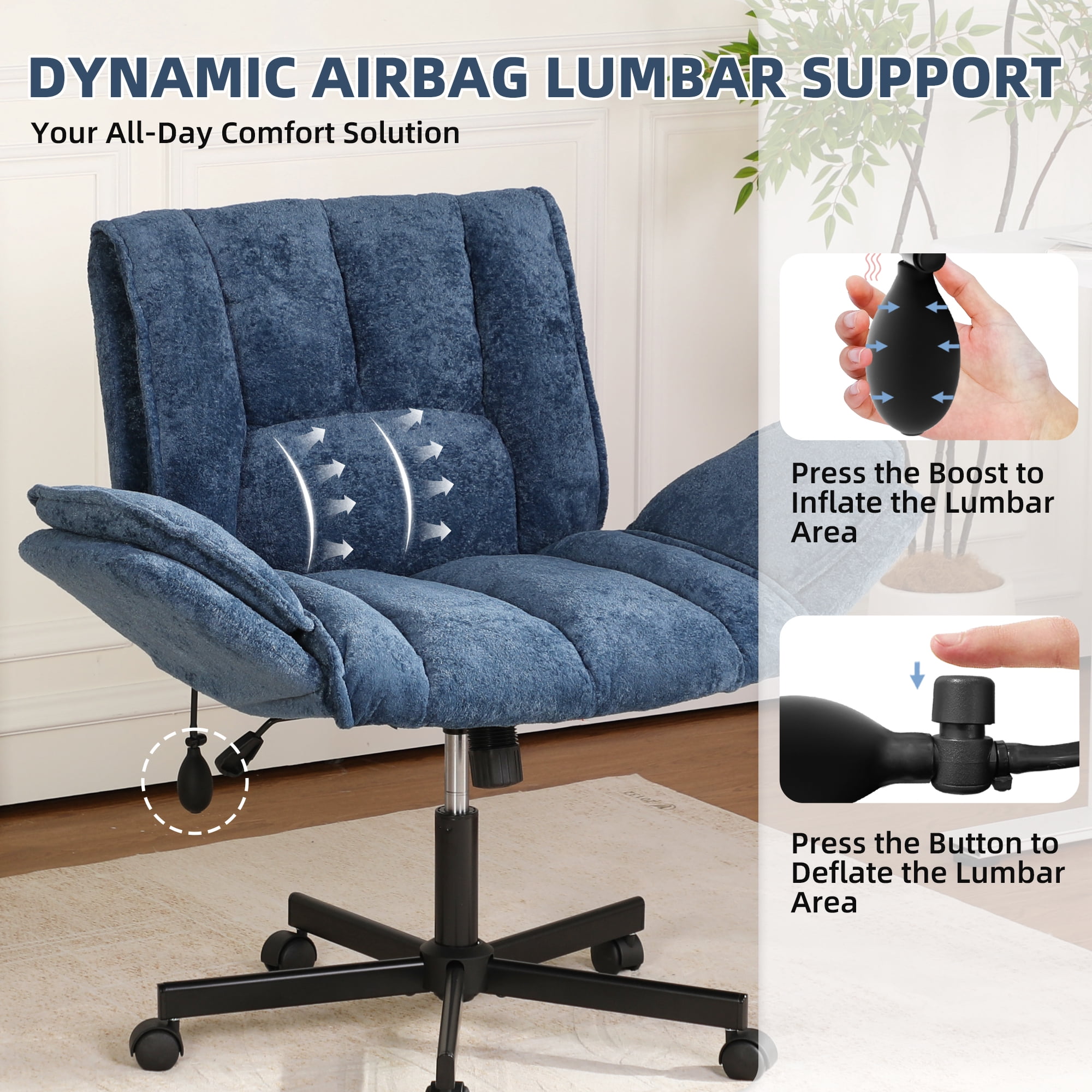 Cross Legged Office Chair with Wheels & Dynamic Airbag Lumbar Support, Criss Cross Wide Seat, 5-Position Fold-Down Armrests, Swivel Vanity Chair for Home Office, Blue
