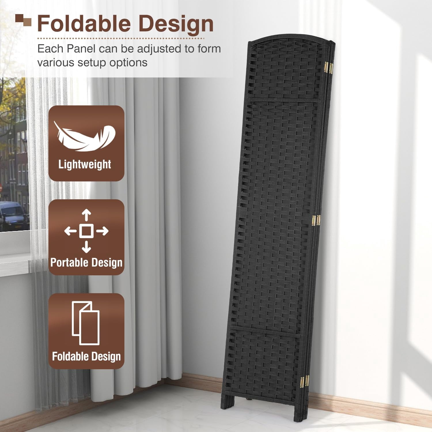 Dkelincs 4 Panel Room Dividers 5.6 FT Tall Portable Privacy Screen Folding Wood Partition Wall Divider for Room Separation, Black