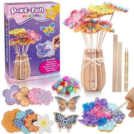 CandWuom Poke Art Flower Bouquet Craft Kit, Gifts for 6 7 8 9 10 Year Old Girls Arts Supplies, Make Your Own Bouquet with 8 Flowers & 2 Butterflies poke art