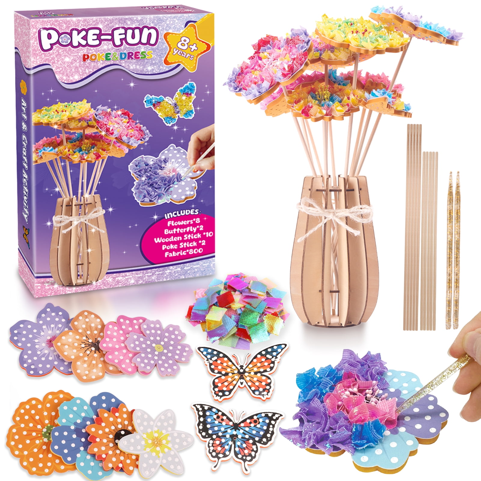 CandWuom Poke Art Flower Bouquet Craft Kit, Gifts for 6 7 8 9 10 Year Old Girls Arts Supplies, Make Your Own Bouquet with 8 Flowers & 2 Butterflies poke art