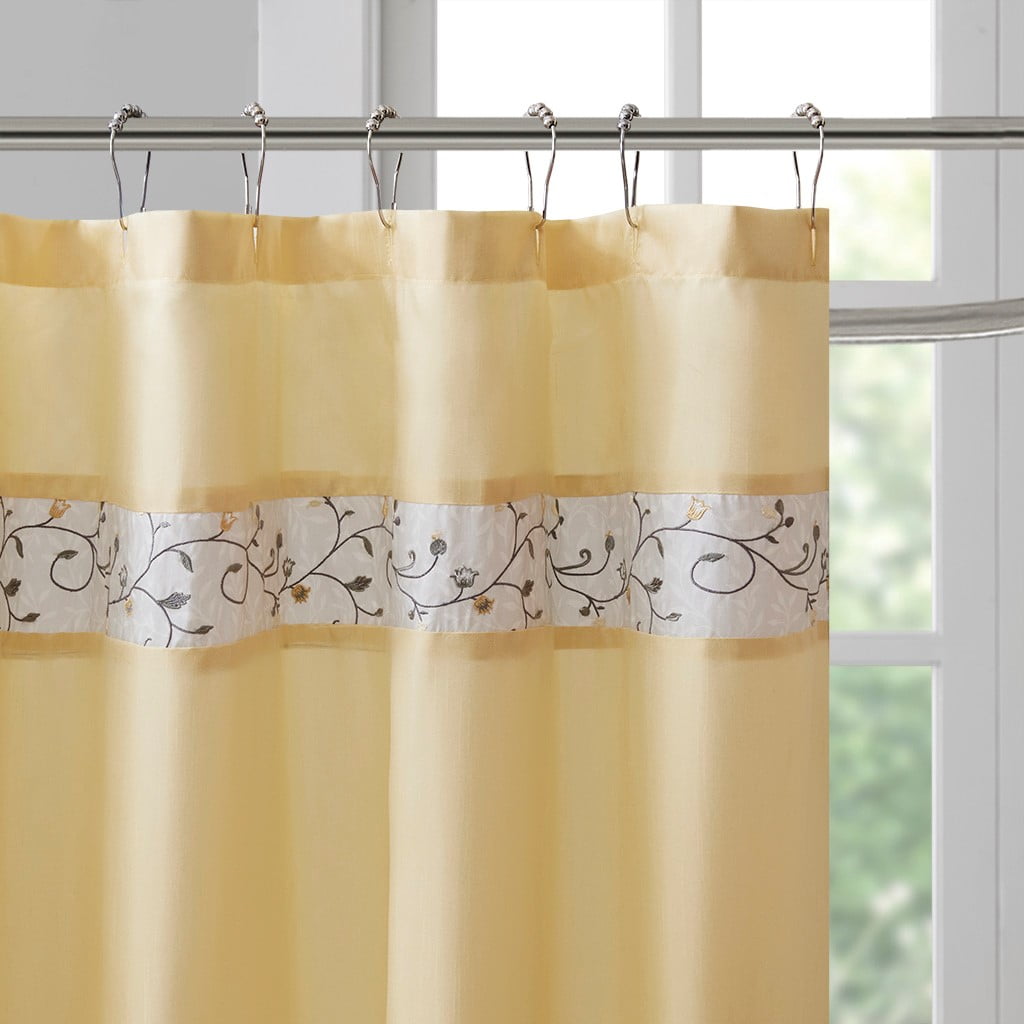 MAYEERTY Faux Silk Embroidered Floral Shower Curtain, Machine-Washable