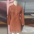 thumbnail image 7 of asdoklhq Church Dresses for Women Stand Collar Long Sleeve Half-Zip Fringe Slim Long Sleeve V-Neck Dress Brown 2X, 7 of 7
