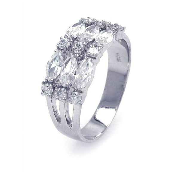 Round Marquise Cubic Zirconia Three Rows Alternate Ring Rhodium Plated Sterling Silver Size 6