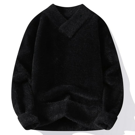 TFEOQRY Men's Fuzzy Sweater Long Sleeve V-Neck Pullover Solid Knitted Sweater Fall Winter Loose Warm Tops Black