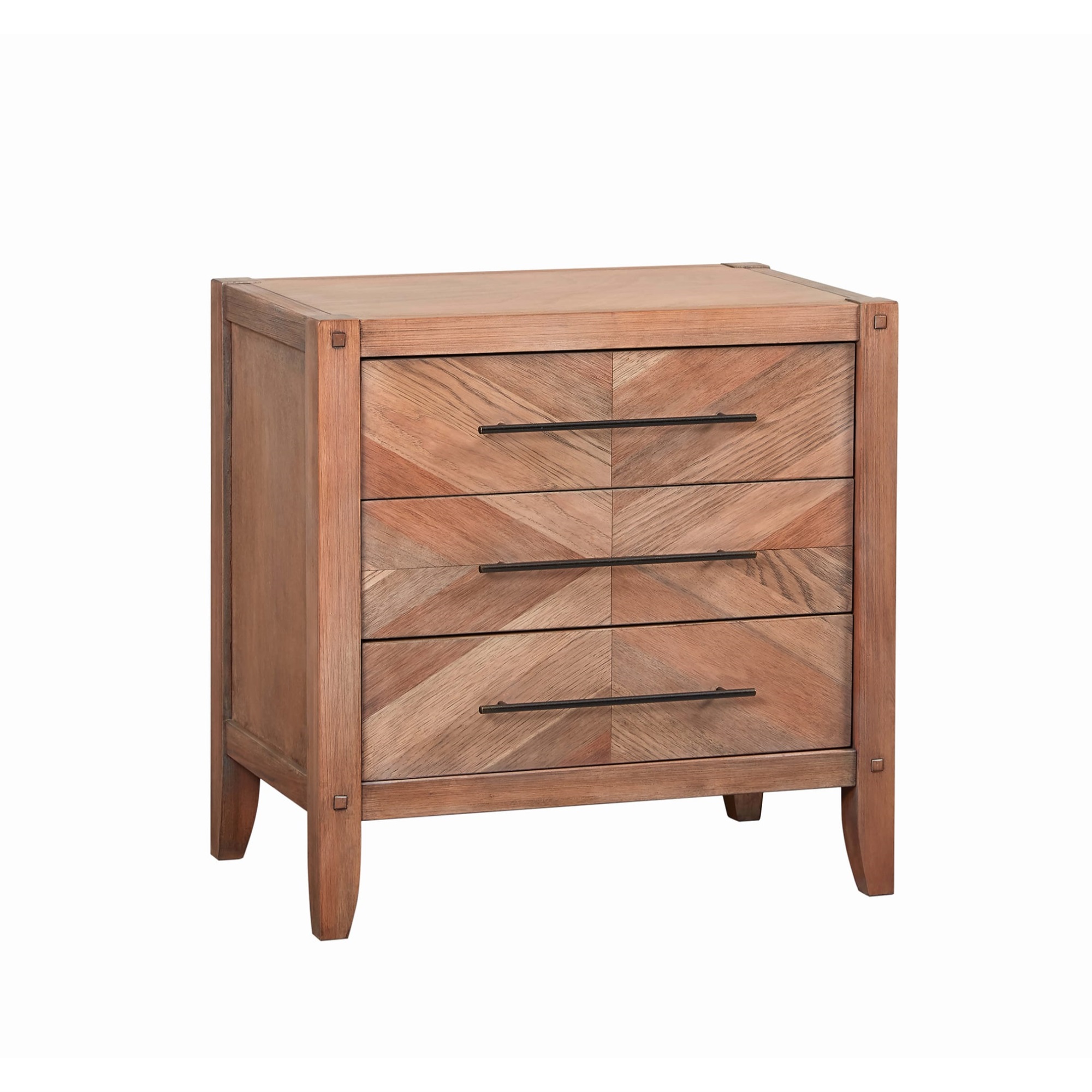 3 Drawer Wooden Nightstand with Herringbone Drawer Front, Brown