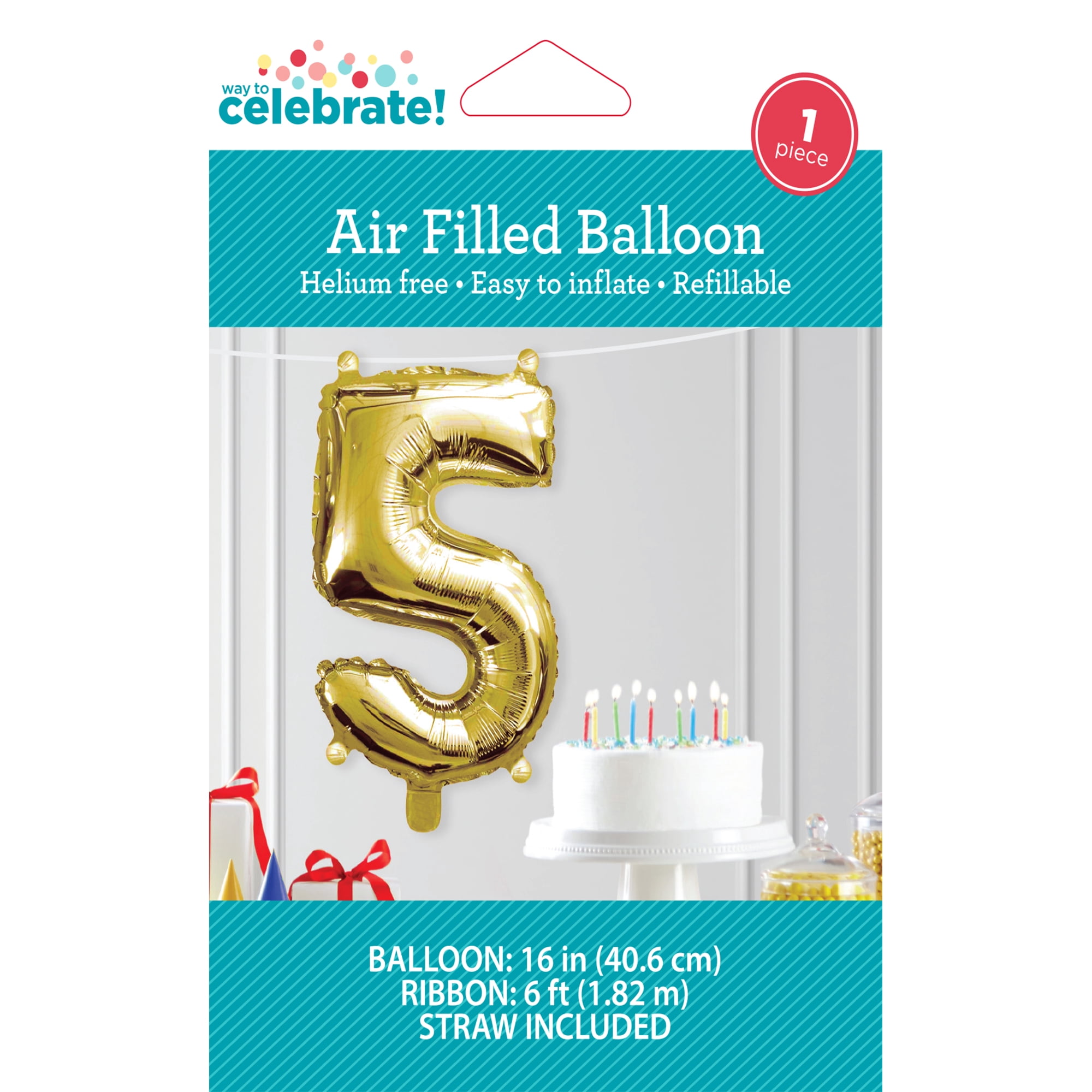 (6 pack) 16 inch Foil Party Balloon Number 5, Gold, by Way to Celebrate
