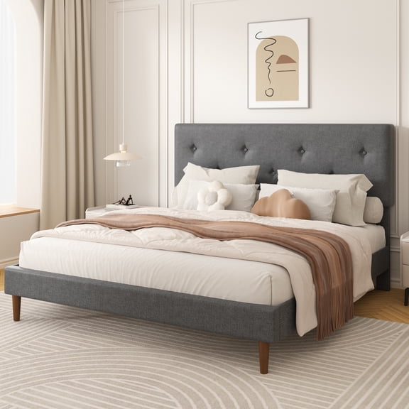 Frostbloom Queen Size Linen Upholstered Platform Bed Frame with Adjustable Headboard, Gray