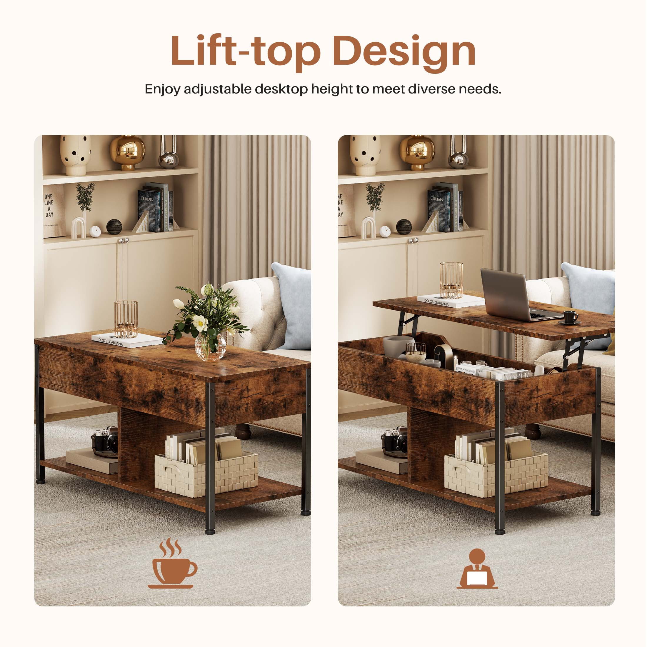 EDX Lift-Top Coffee Table, Adjustable Height Convertible Center Table with Storage, for Living Room, Rustic Brown