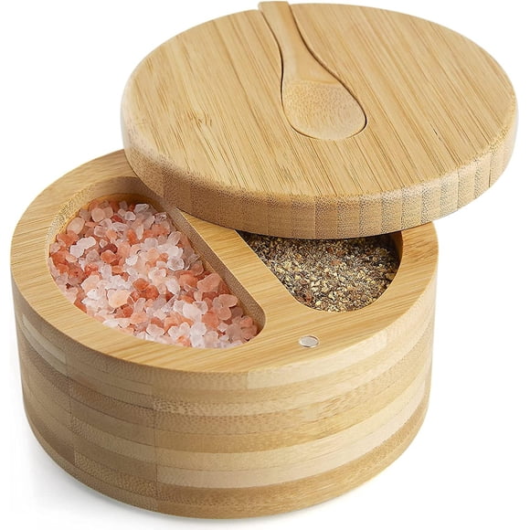Large salt box with rotating lid - bamboo salt cellar with lid and spoon, two racks of salt and pepper bowls for salt and spices, salt container for s