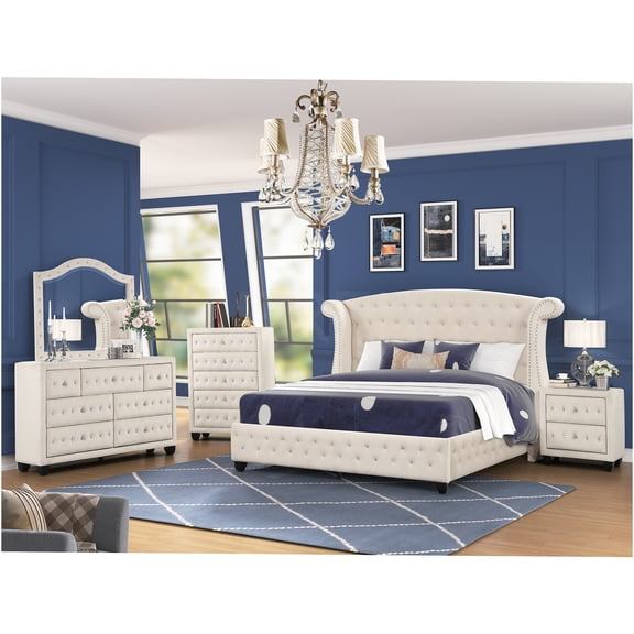 JERFIT 5-Piece Full Bedroom Set with Crystal Tufted Upholstered Headboard, Cream Velvet Finish, Modern Wood Frame