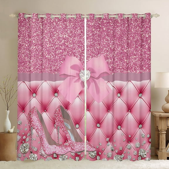 Feelyou Pink High Heel Black Out Curtains for Girls, Princess Sequin Print Curtains Pack of 2 (42x63 Each), Chic Glitter Diamond Bedroom Curtains, Blackout Curtains Room Decor