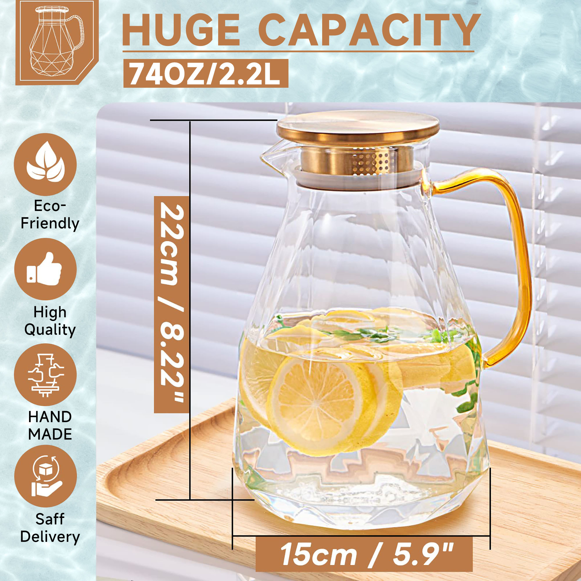 ALLJOY 74oz Borosilicate Glass Pitcher with Lid, Clear photo 7