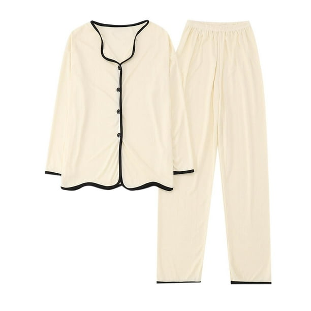 Conjunto de pijama de otoño-invierno para mujer: top de manga larga con cuello en V y pantalones; ropa de estar por casa suave de poliéster y spandex; corte holgado para dormir y llevar en casa.