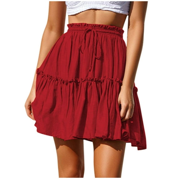 Women's Summer Cute High Waist Ruffle Short Skirt Floral Swing Beach Flared Pleated Mini Skater Skirt with Drawstring