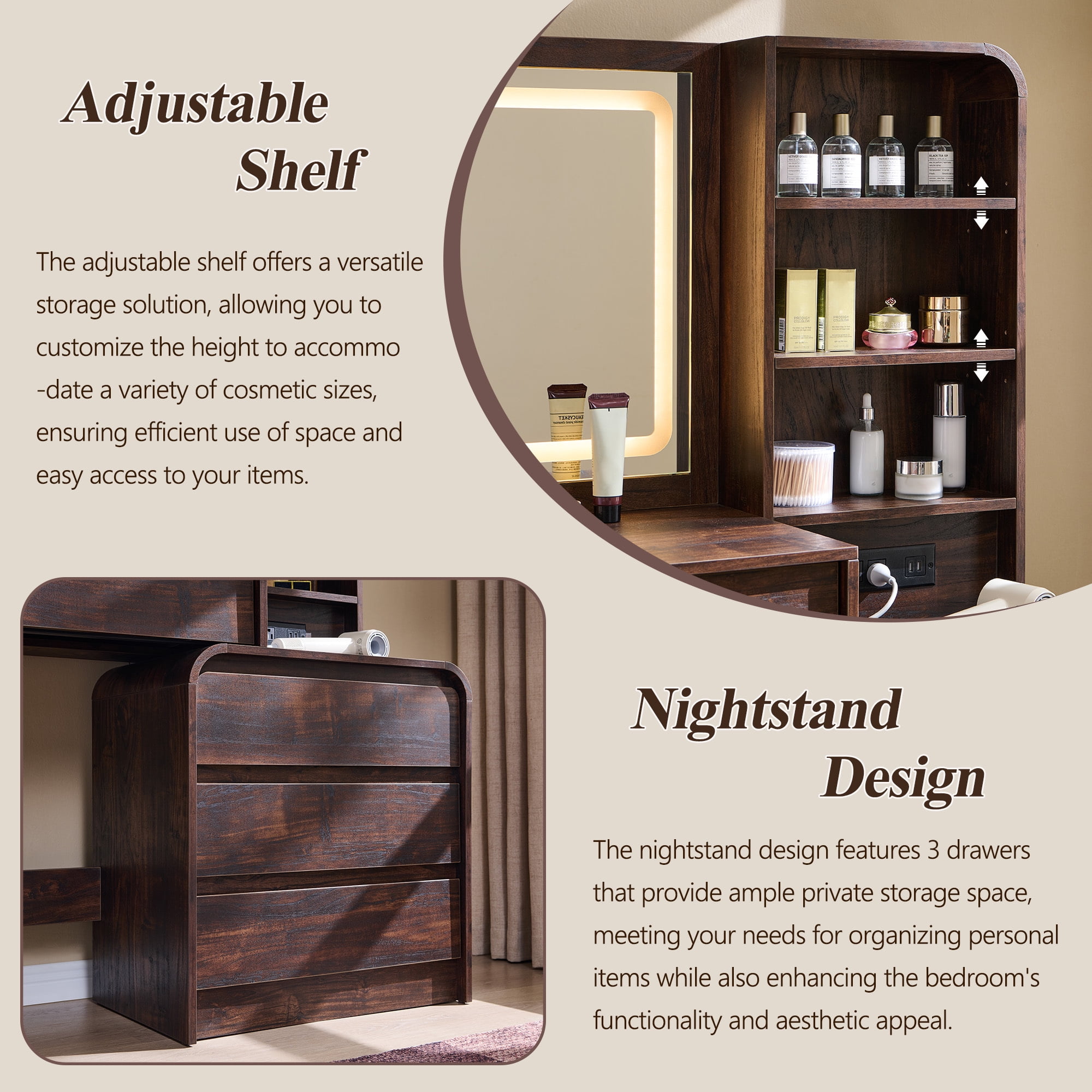 wow97e Modern Vanity Desk with Touch Screen LED Mirror, 55" Big Make Up Table with 5 Drawers , Wood Dressing Tablew/3 Color Available, Charging Station