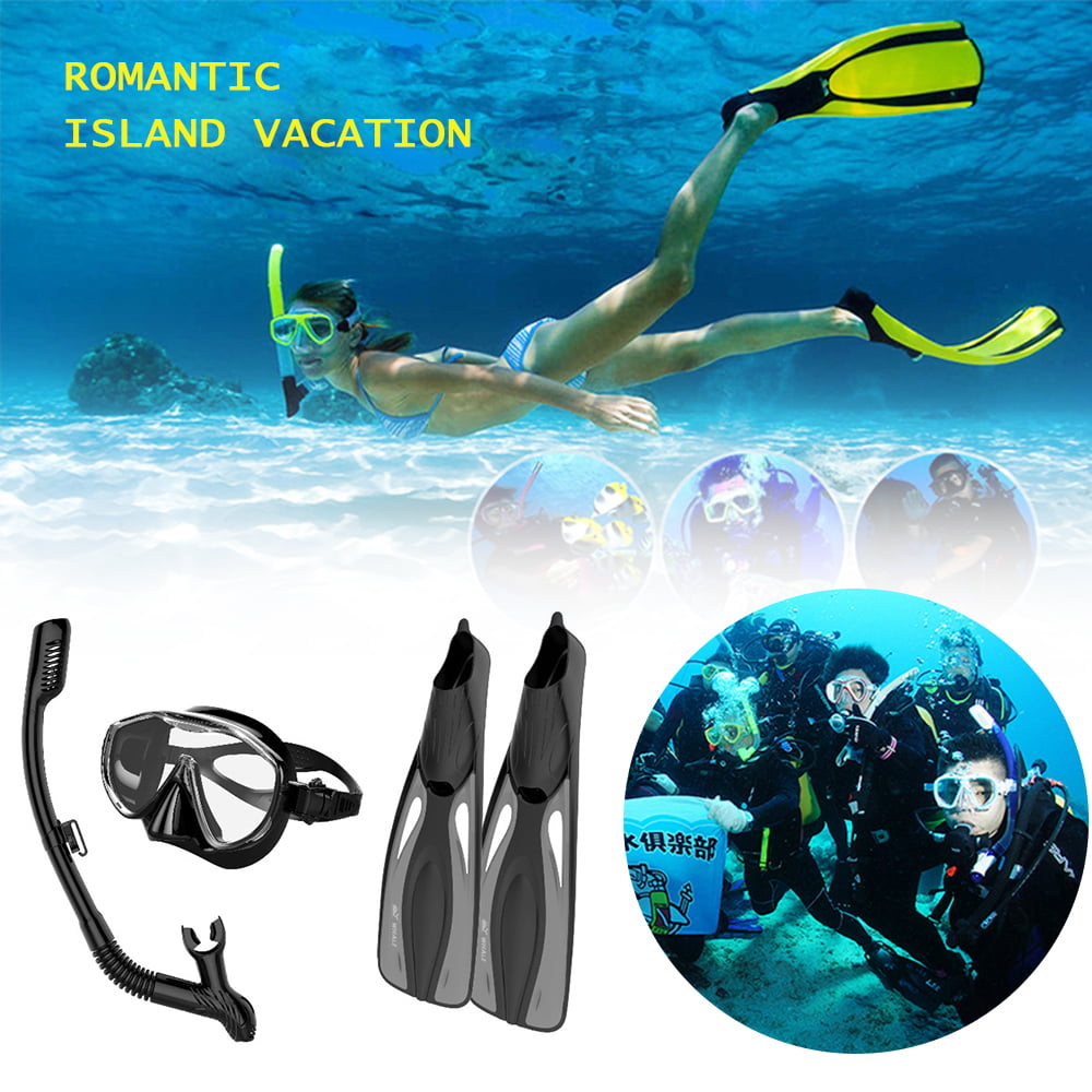 Roeam Diving Fin,Snorkel Mask Set Adjustable Fins Scuba Anti-Fog Snorkel Goggles Flippers Set Snorkeling Glass Swimming Fins Snorkelling Gear Package Diving Accessories 