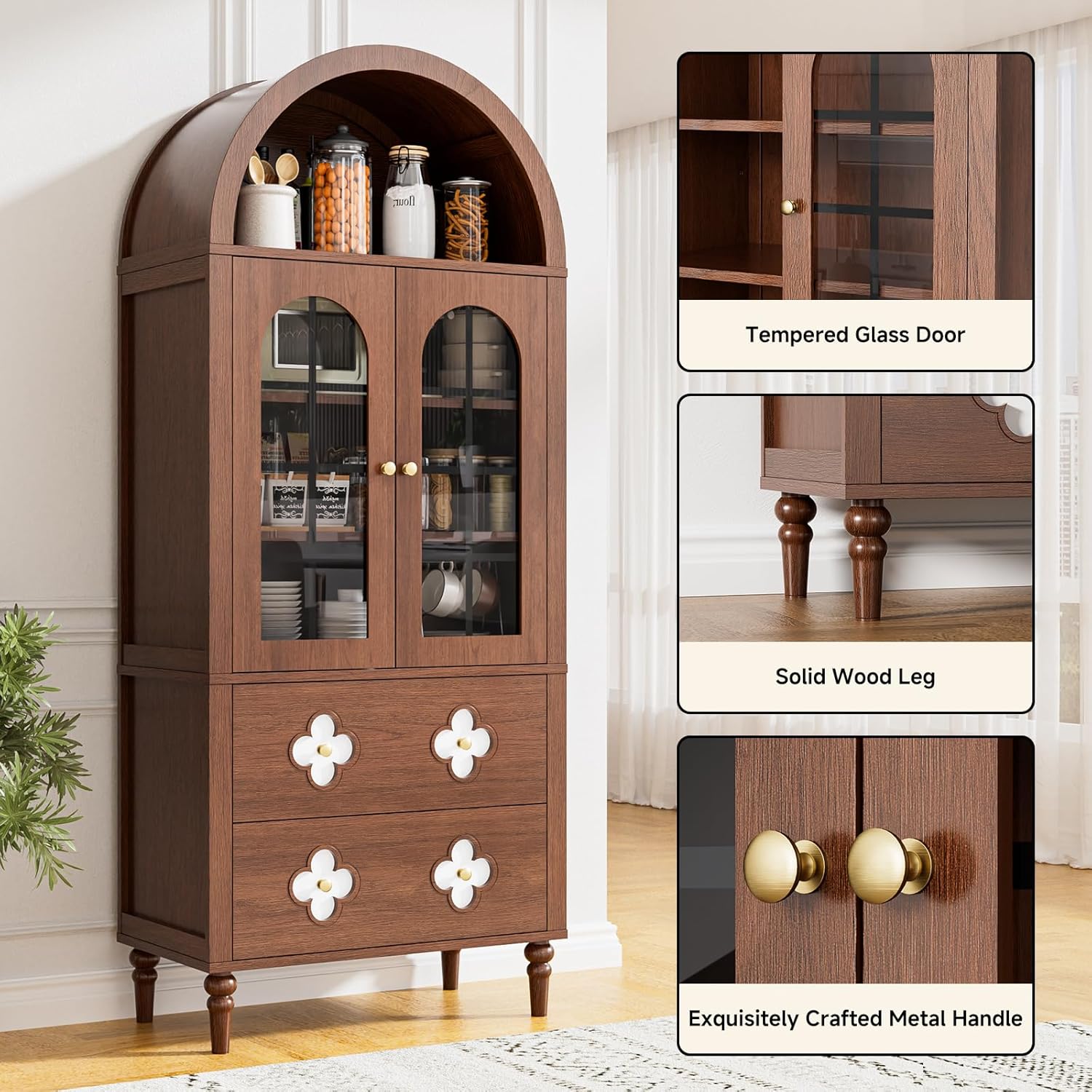 Mophoto Arched cabinet Bookshelf Bookcase Storage with Tempered Glass Doors Versatile Kitchen Cabinets,71“ Tall Food Pantry Furniture for Living Dining Room(Black)